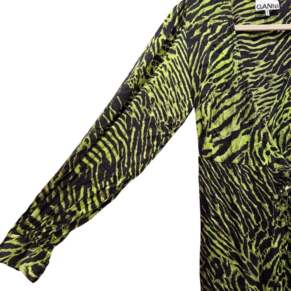 GANNI Stretch Silk Satin Tiger Stripe Wrap Dress Scandi Eclectic Blck Grn 38/6/M - Picture 6 of 15